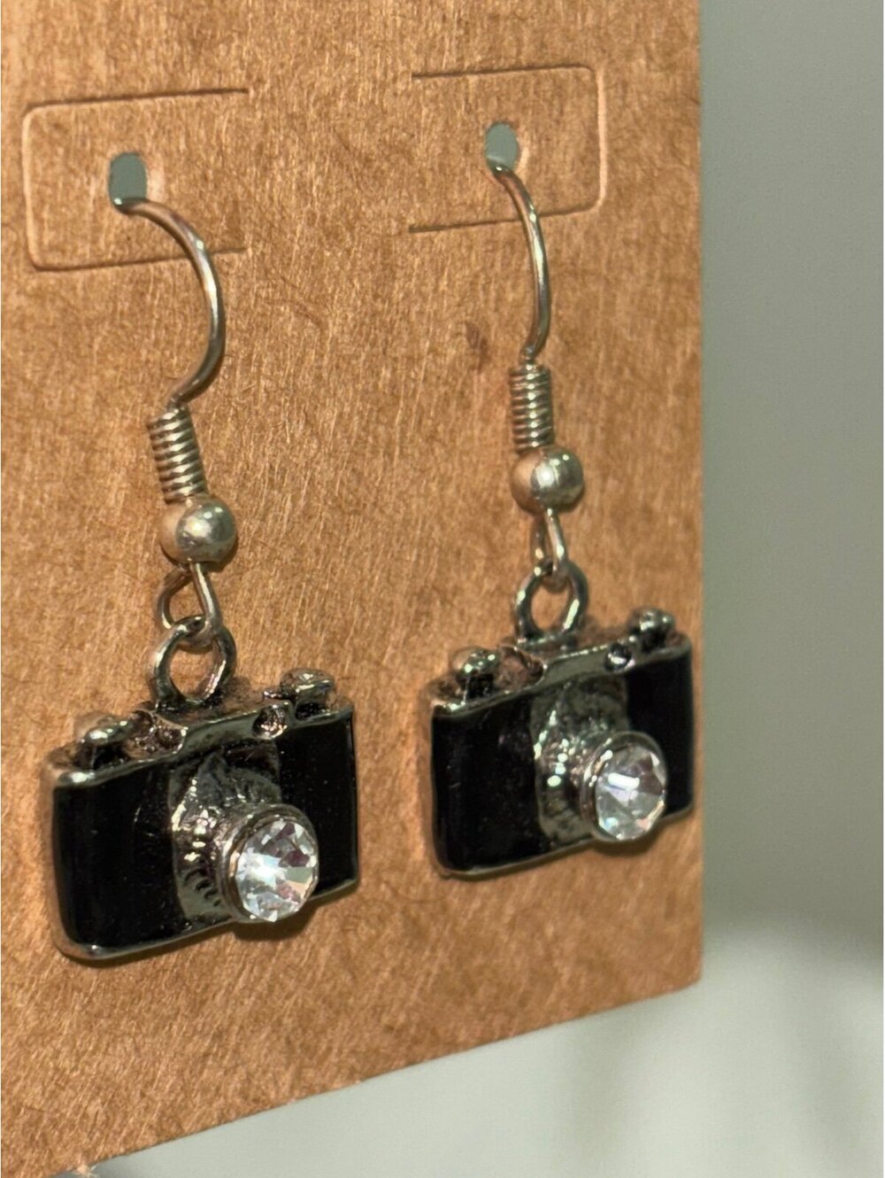 Cute Camera Charm Dangle Earrings with Clear Rhinestone